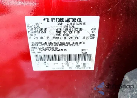 2013 Ford Explorer Xlt z USA, uszkodzony, nr VIN 1FM5K7D83DGA87295